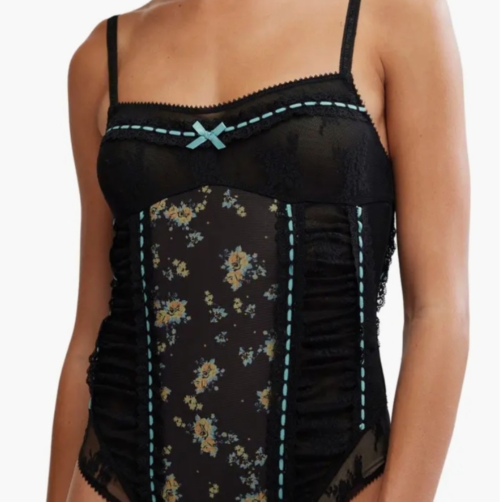 Free People Black and Blue Floral Bodysuit